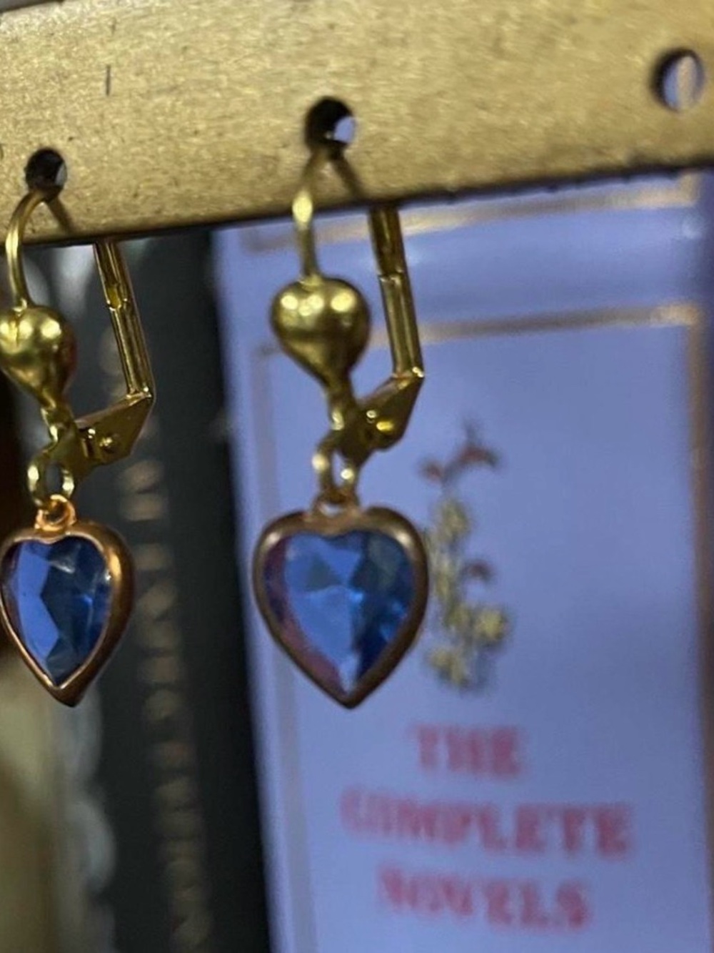Gold Heart Drop Earrings with Blue Crystal Hearts